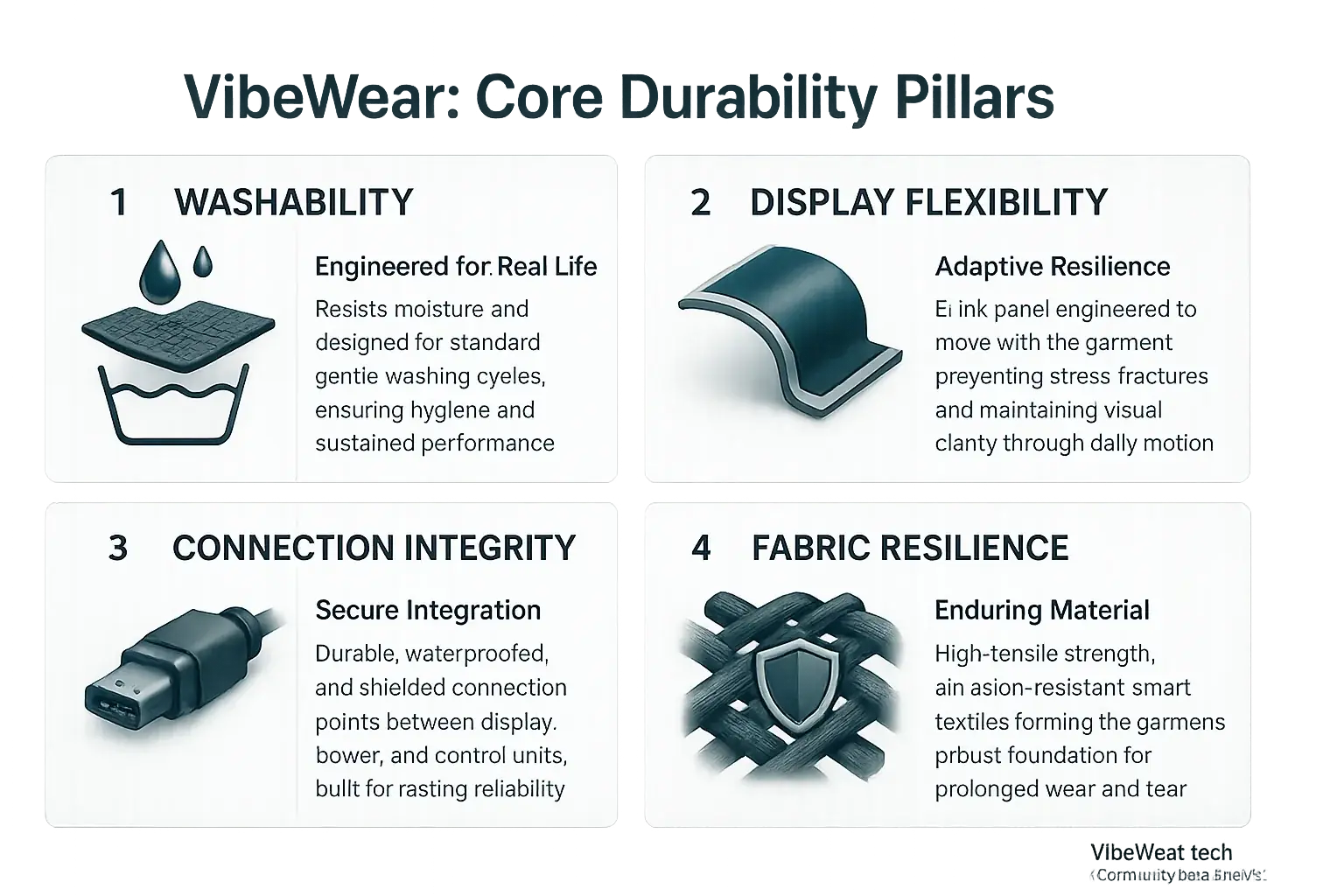 VibeWear durability factors: Washability, display flex, connection points, fabric resilience, shown with icons &