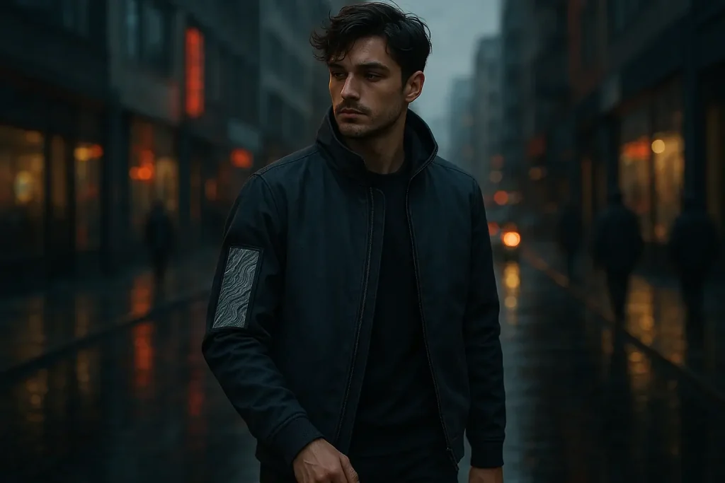 Stylish person in subtle E-Ink streetwear, seamlessly part of urban life, embodying authentic tech fashion.