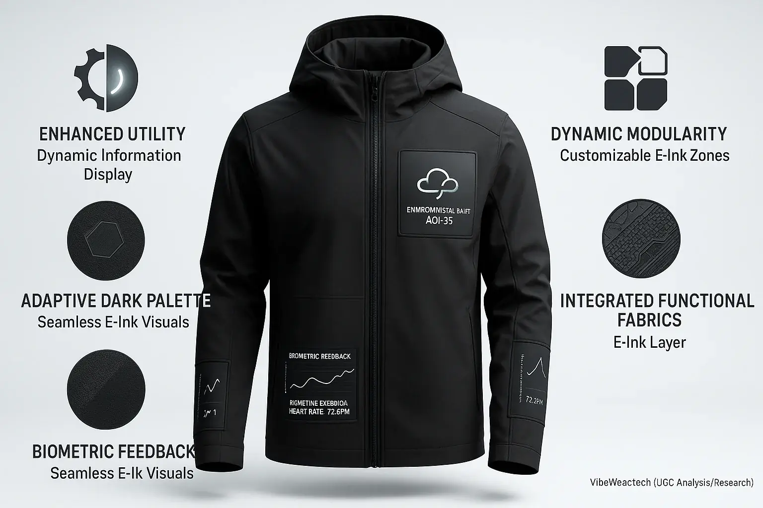 Infographic: E-Ink dynamically enhances techwear's utility, modularity, dark palette, & fabrics with integrated icons/text.