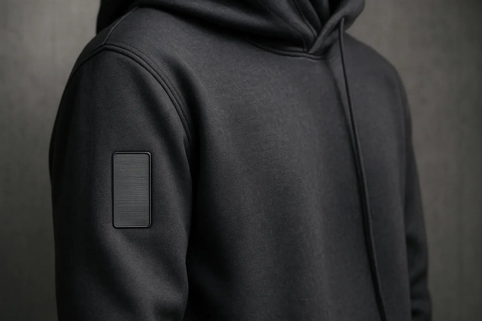 Minimalist streetwear: clean lines, understated elegance. A subtle E-Ink patch shows a barely visible, nuanced pattern shift.