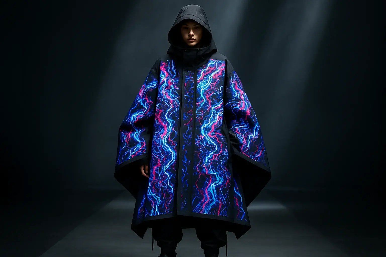 Avant-garde streetwear with large E-Ink panels displaying rapidly changing, complex abstract patterns; bold experimental