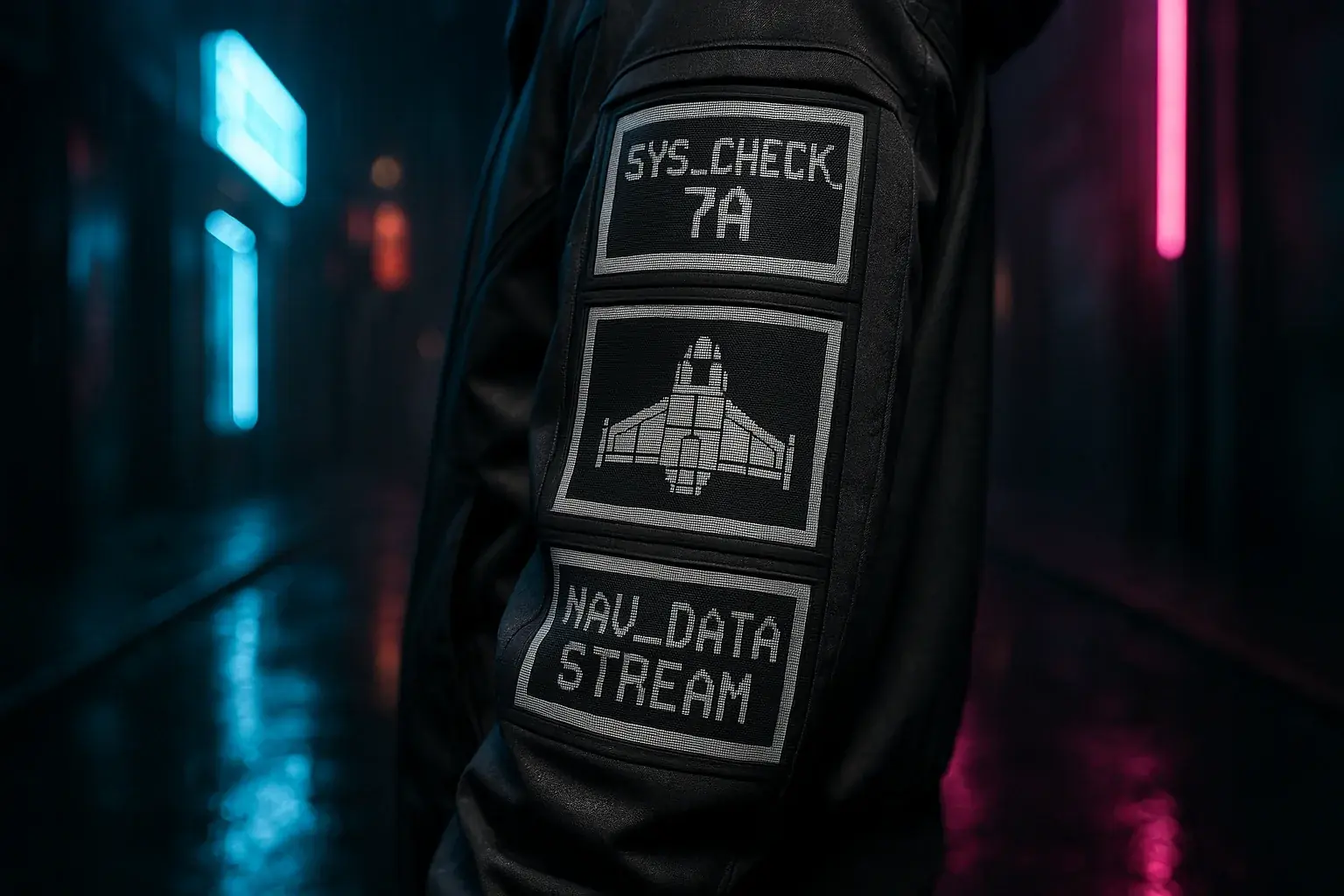 Retro-futurist streetwear outfit with E-Ink displays showing monochrome digital patterns in a neon city.