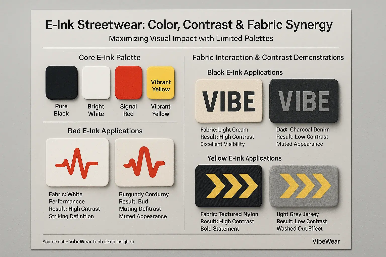 E-Ink palettes on fabric textures: good/bad contrast shows how base color & contrast affect streetwear visuals.