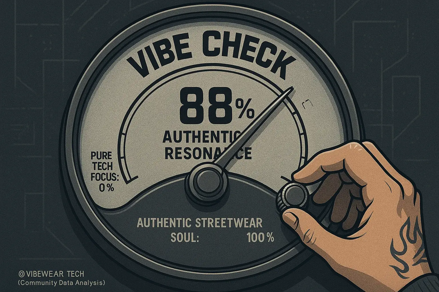 Stylized 'Vibe Check' meter with hand guiding needle to 'Authentic Vibe', ensuring tech honors streetwear's soul.