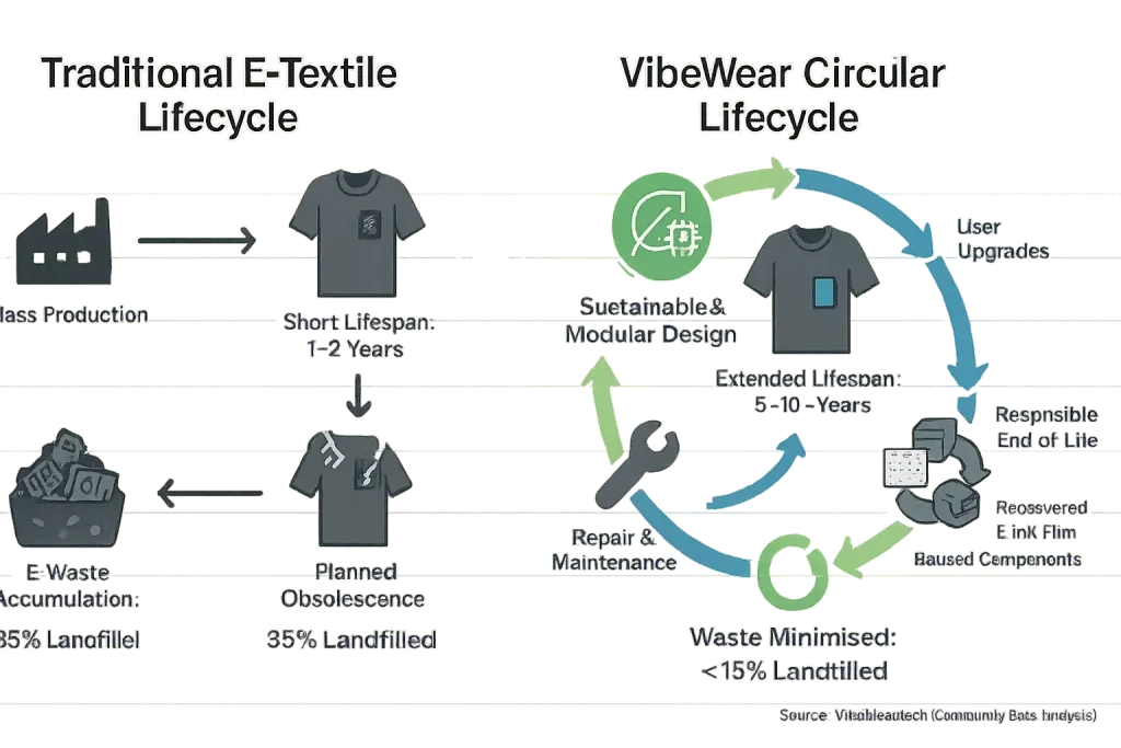 Infographic: VibeWear's circular model extends garment life & cuts waste, unlike linear throwaway fashion.