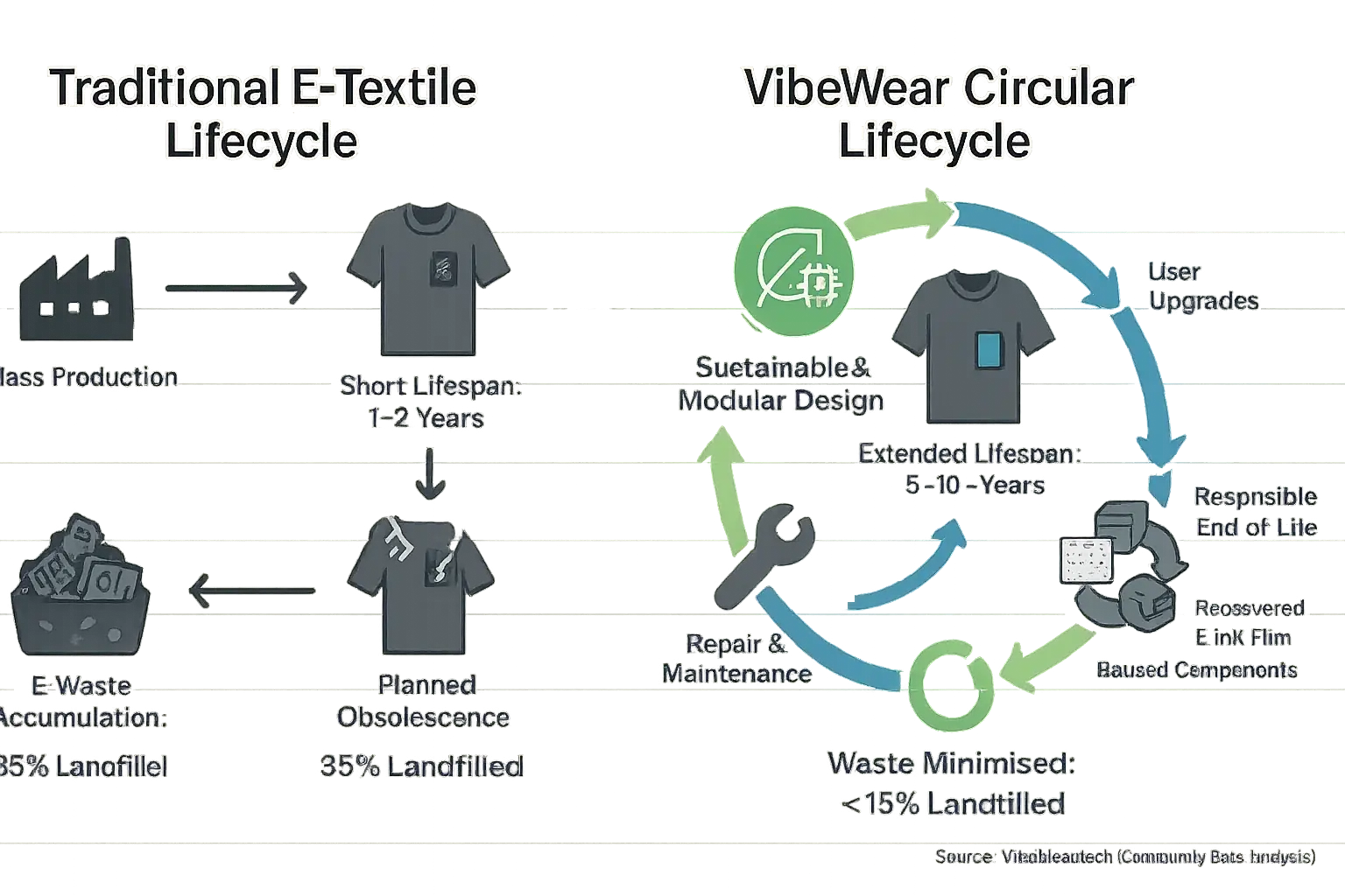 Infographic: VibeWear's circular model extends garment life & cuts waste, unlike linear throwaway fashion.