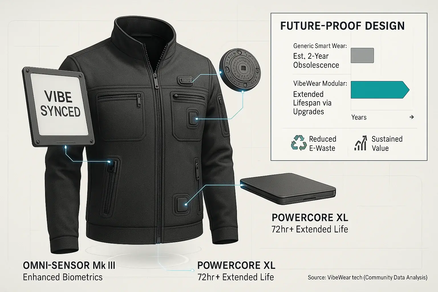 VibeWear garment: E-Ink, sensor, battery modules detach, showcasing its upgradable modular design.