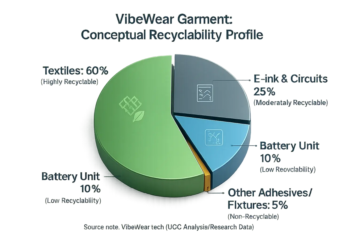 Pie chart: VibeWear garment recyclability. Fabric 70%, electronics 20%, battery 10%, informing responsible end-of-life