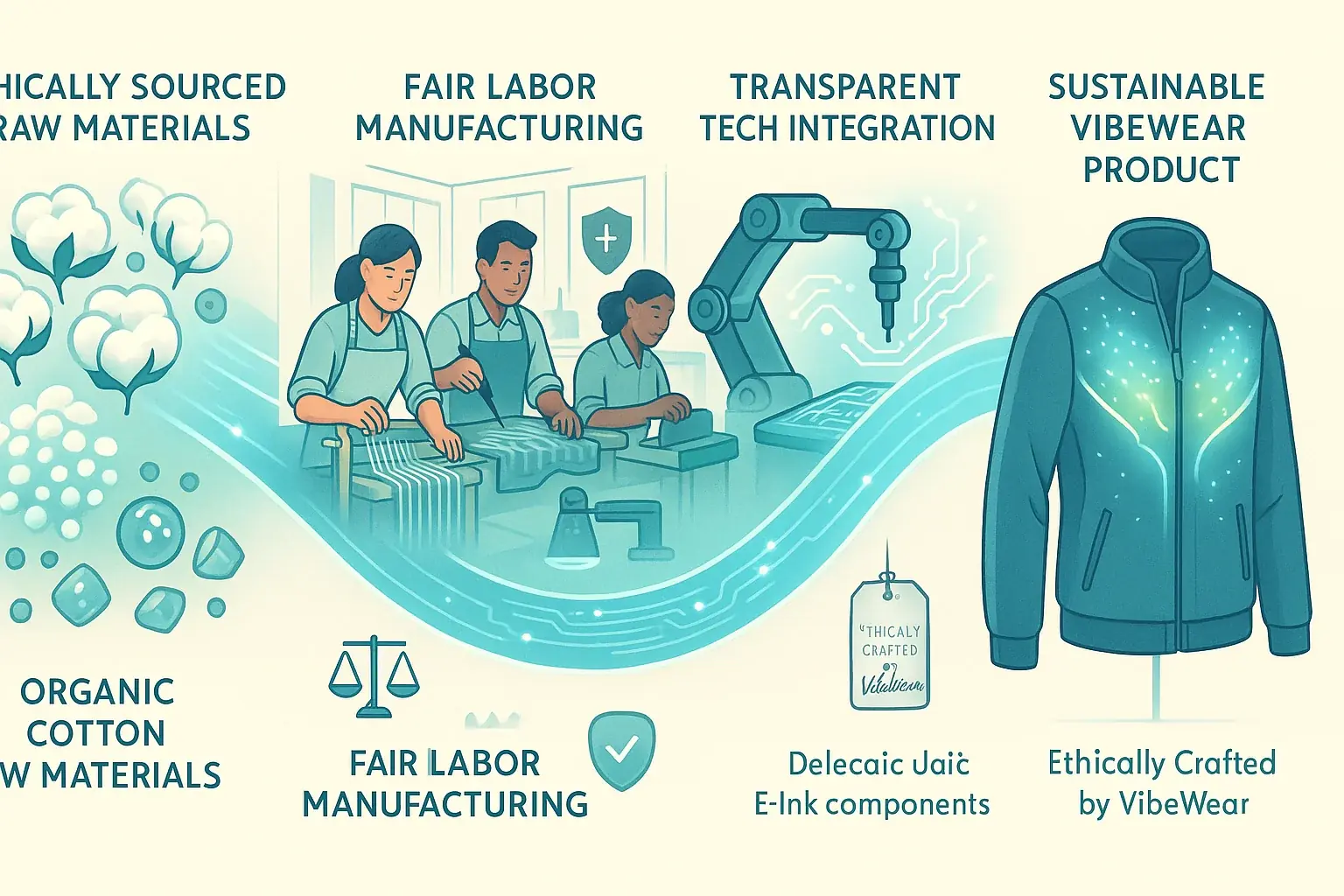 Stylized, transparent supply chain illustrating VibeWear's ethical sourcing and fair labor from raw materials to final
