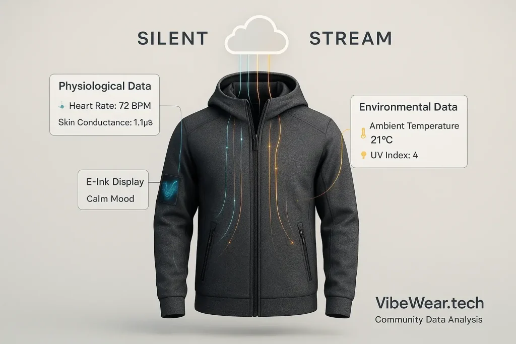Infographic: Sensors on mood-sensing apparel collecting diverse body & environmental data, flowing to a cloud.