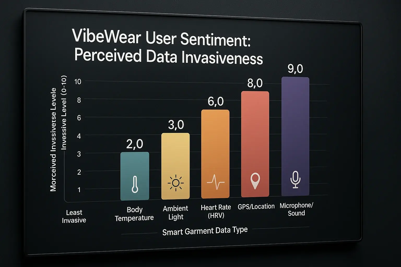 Bar chart: Perceived invasiveness of smart clothes data. Heart rate & location most, temperature least.