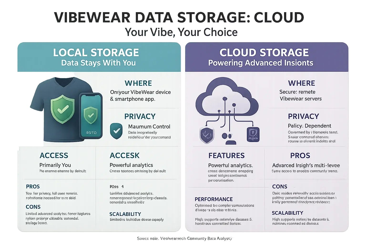 VibeWear local vs cloud data storage: Table compares pros, cons, speed, scalability, privacy control, 3rd-party access.