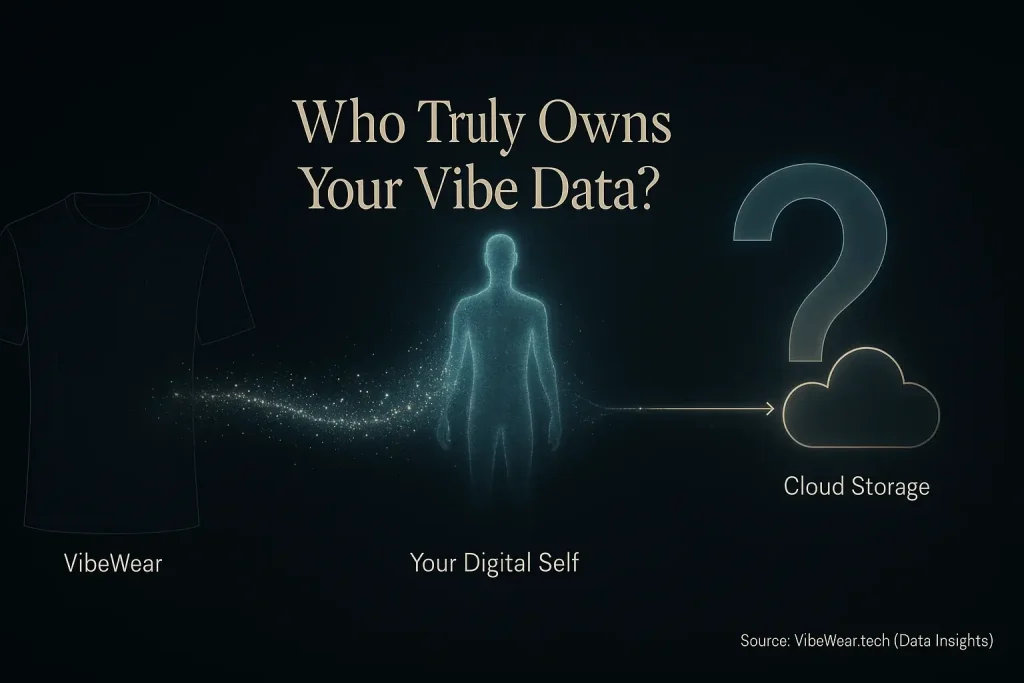 Infographic: VibeWear garment data flows to cloud, creating 'digital self'; a question mark asks who controls it.