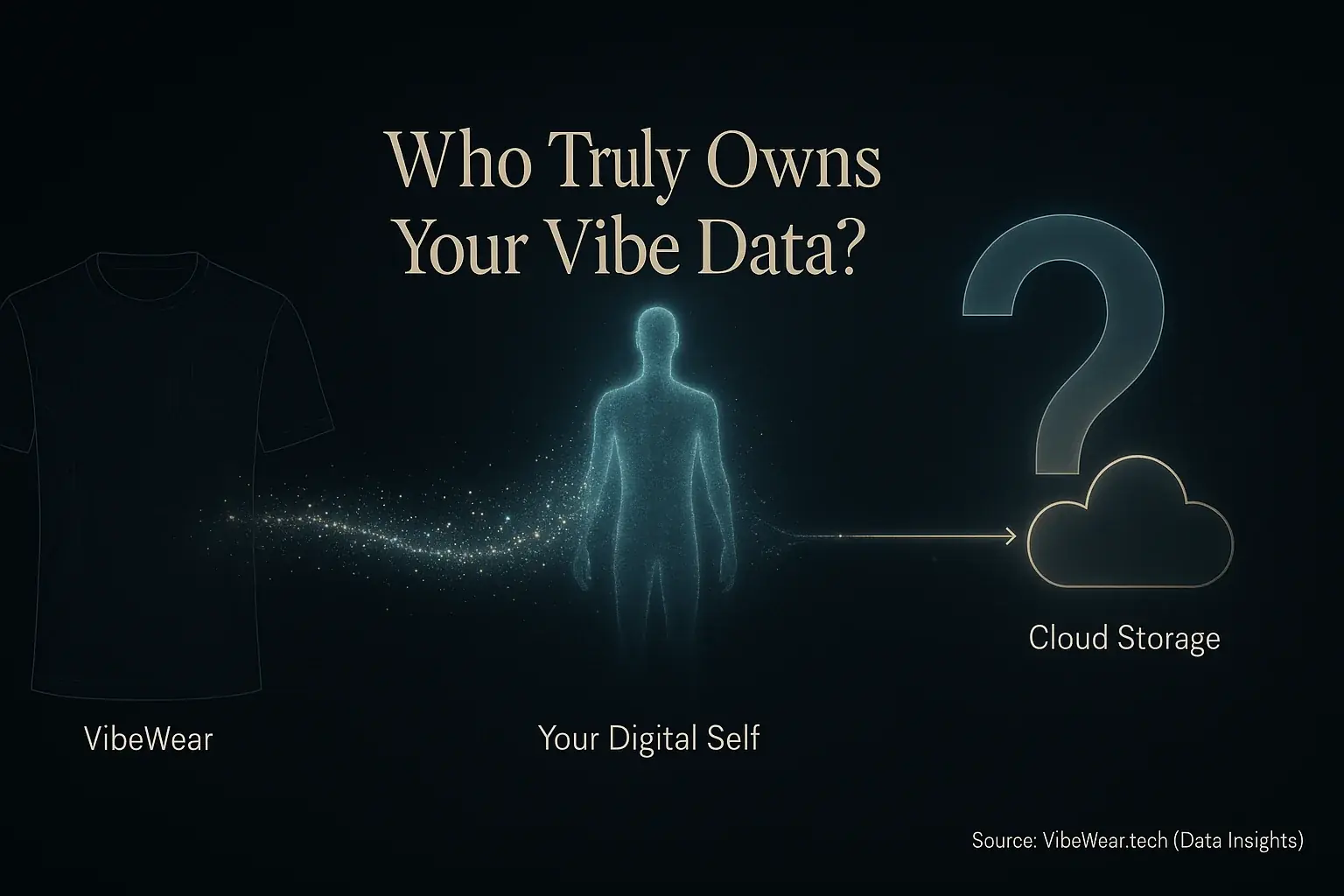 Infographic: VibeWear garment data flows to cloud, creating &#x27;digital self&#x27;; a question mark asks who controls it.
