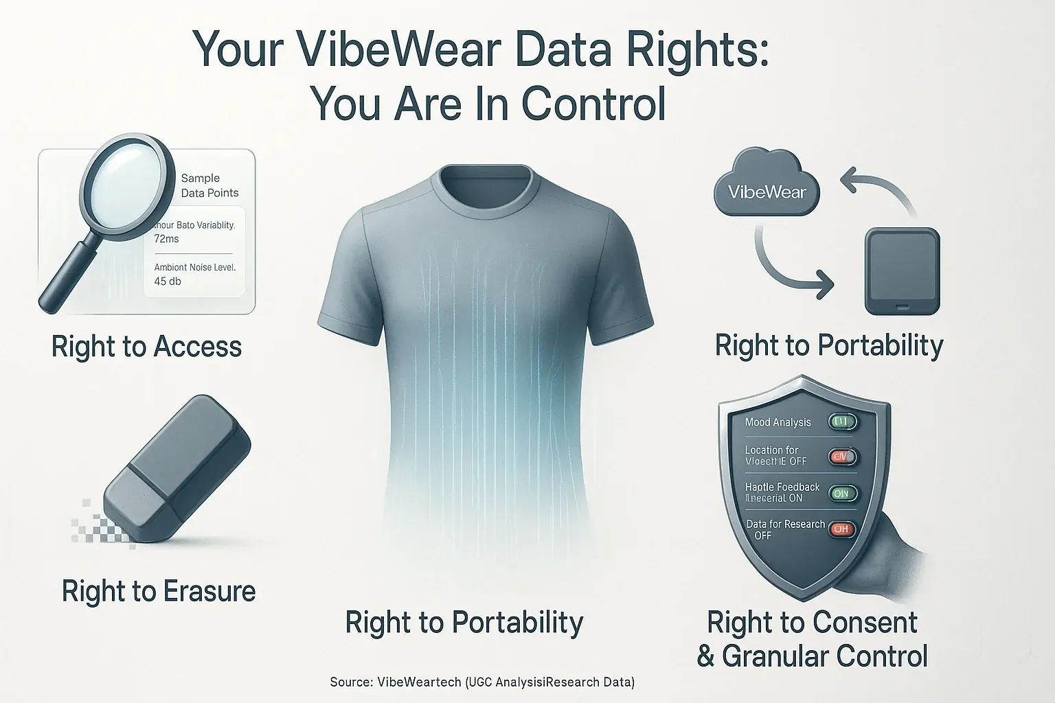 Four icons for user data rights: Magnifying glass (access), eraser (deletion), arrows (portability), shield