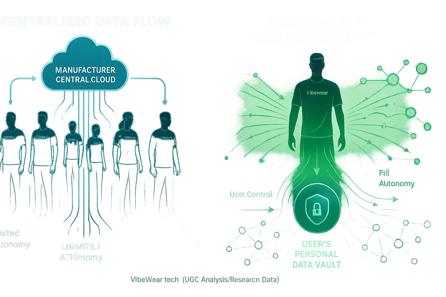 VibeWear: Centralized data to cloud vs. decentralized with user at center, data distributed.