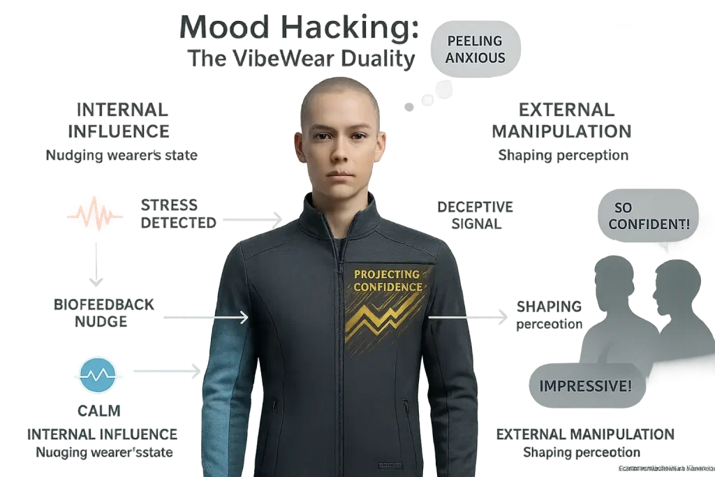 Clothing subtly changes patterns/colors to influence mood or perception, showing mood hacking's expression/manipulation