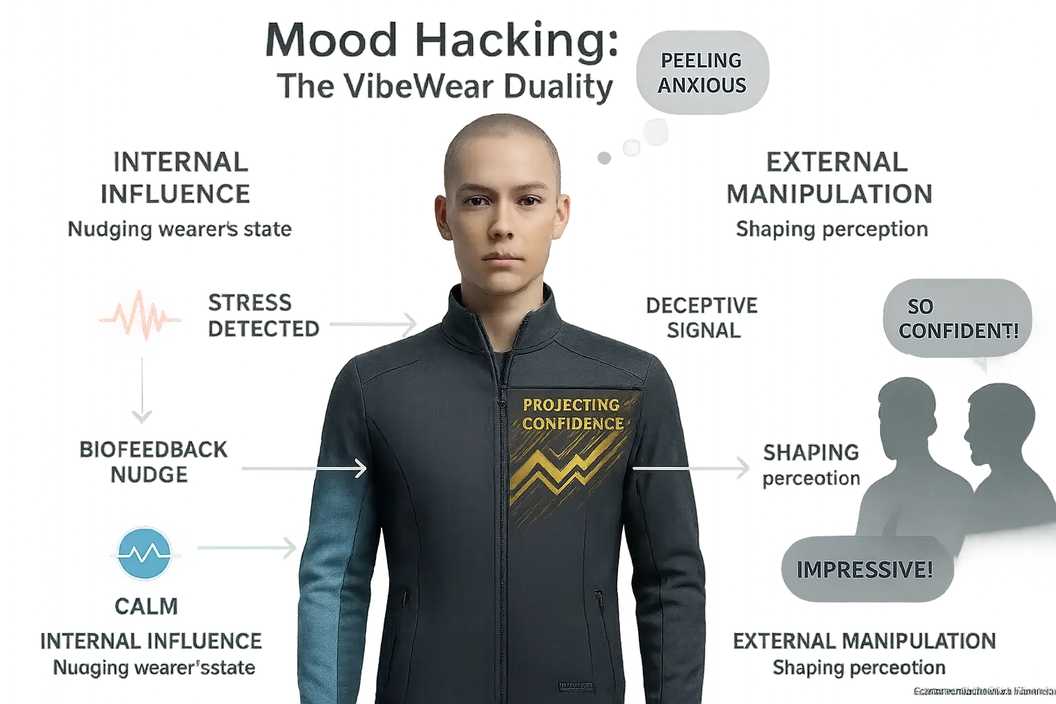Clothing subtly changes patterns/colors to influence mood or perception, showing mood hacking&#x27;s expression/manipulation
