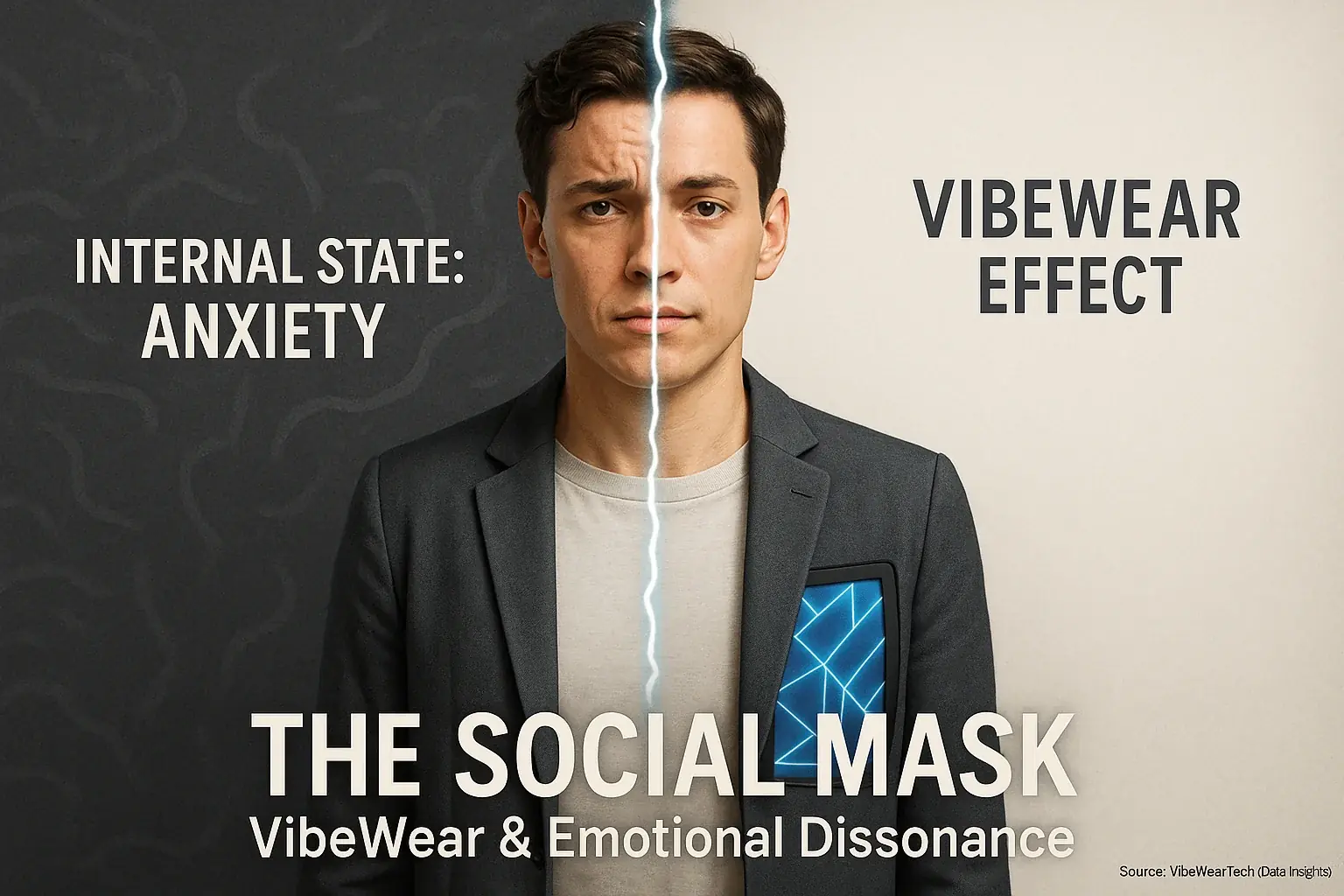 VibeWear user visually split: one side real stress, other side E-Ink calm, illustrating deceptive emotional signaling.