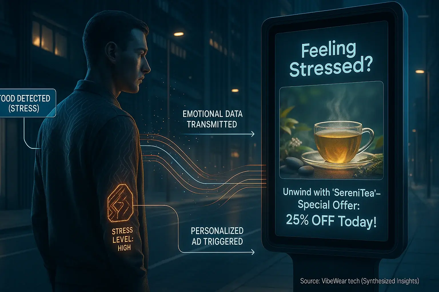 Conceptual flow: VibeWear stress data triggers personalized ads/offers on nearby screens for data-driven marketing.