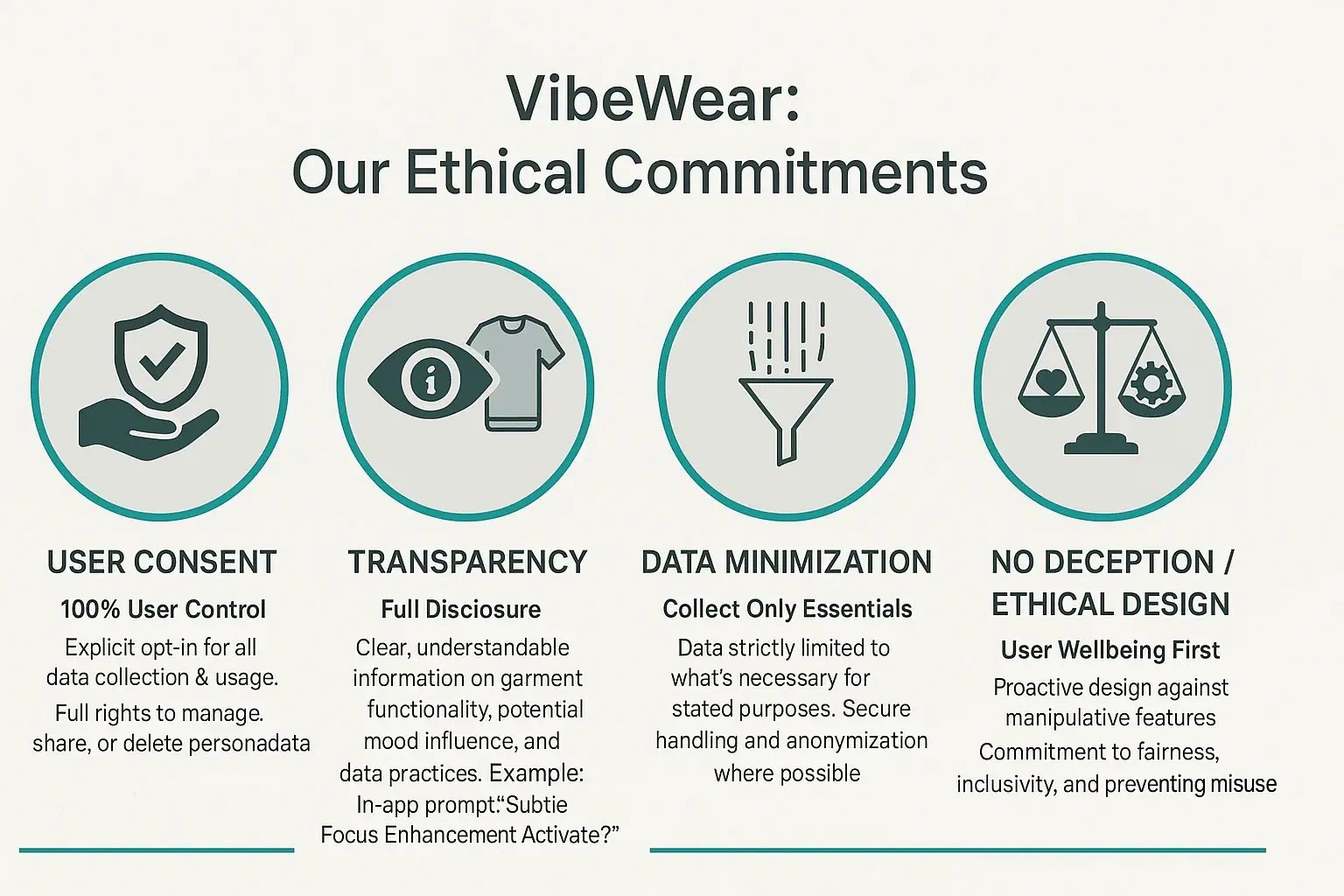 Icon-based infographic of VibeWear&#x27;s ethical guidelines: User Consent, Transparency, Data Minimization, &amp; No Deception.