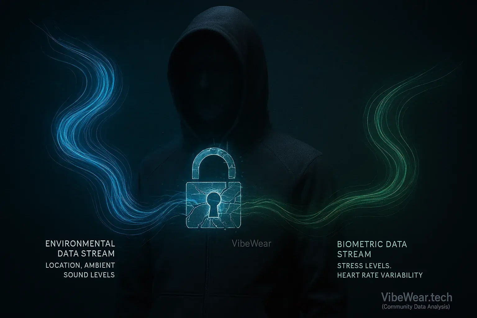 Abstract data streams from VibeWear garment, a cracked lock icon revealing unseen privacy vulnerabilities.