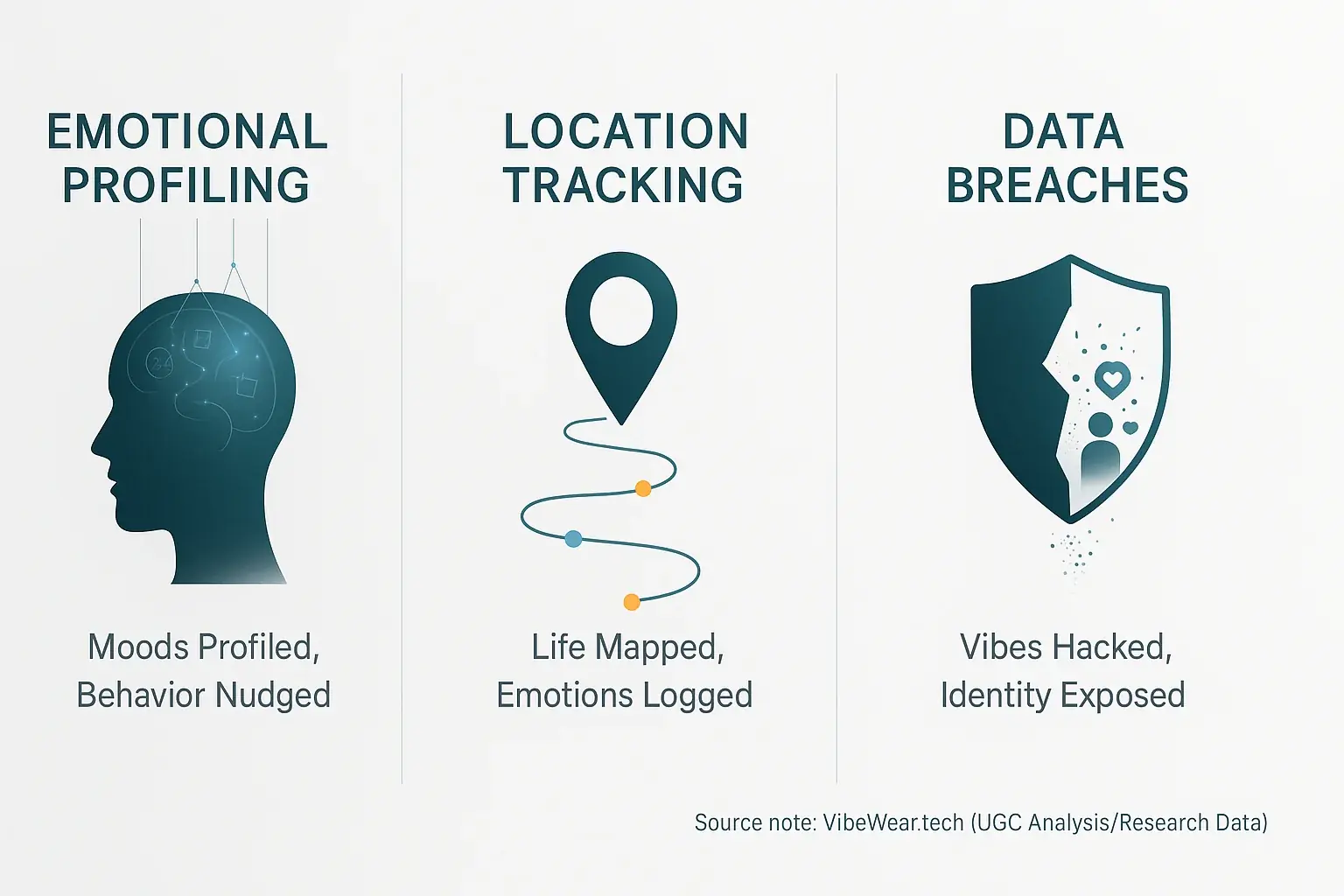 Infographic: VibeWear&#x27;s top 3 privacy risks: Emotional Profiling, Location Tracking, Data Breaches, with icons.