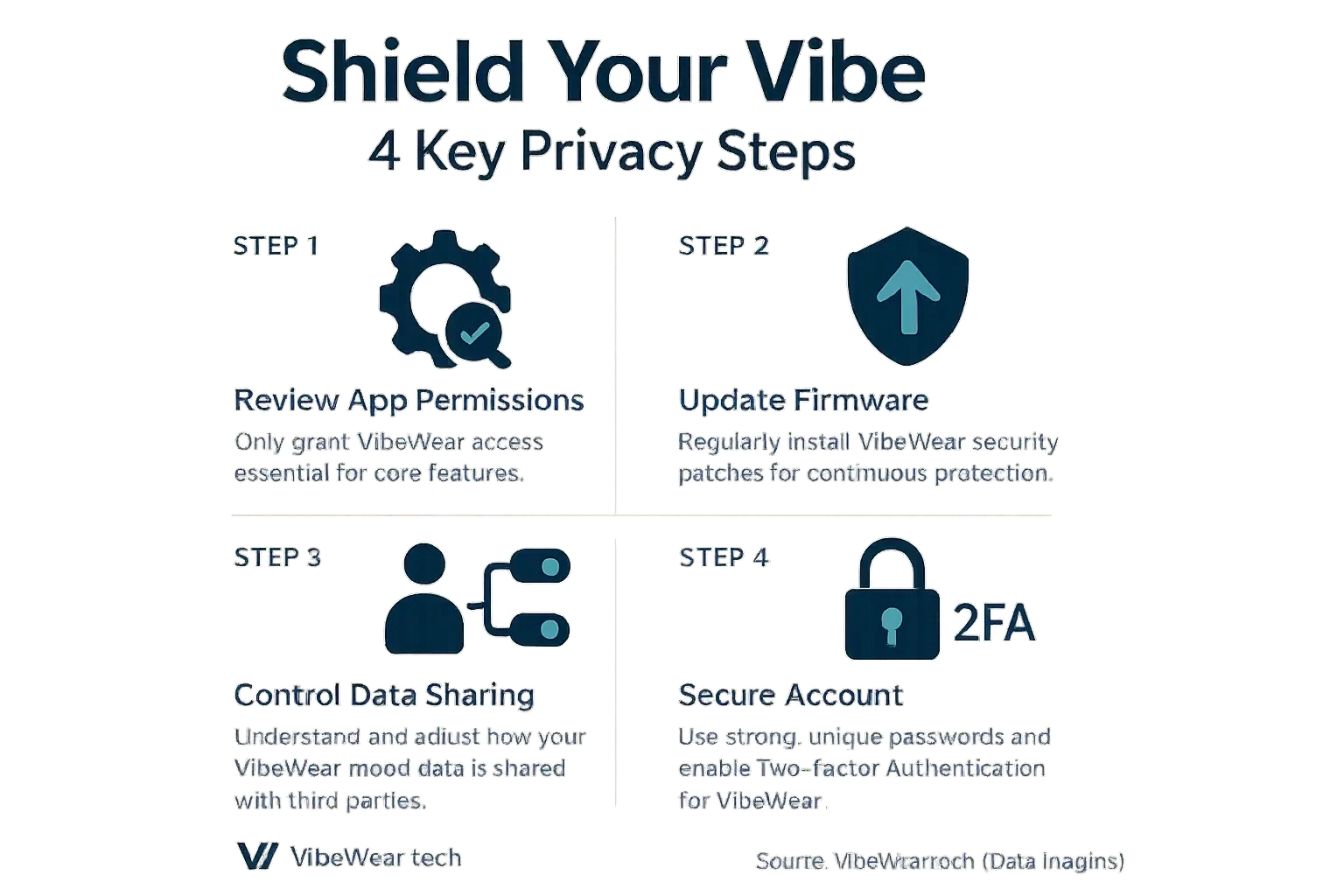Infographic: Visual checklist of VibeWear privacy steps like Review Permissions, Update Firmware, Understand Data Policy,