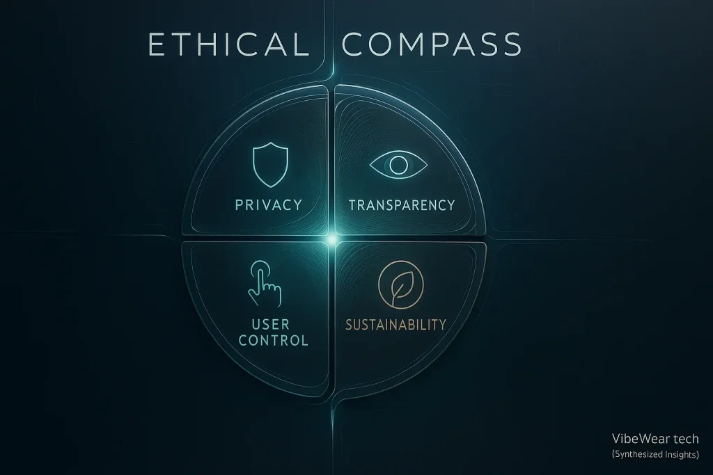 Stylized ethical compass balancing VibeWear's design pillars: Privacy, Transparency, User Control, and Sustainability.