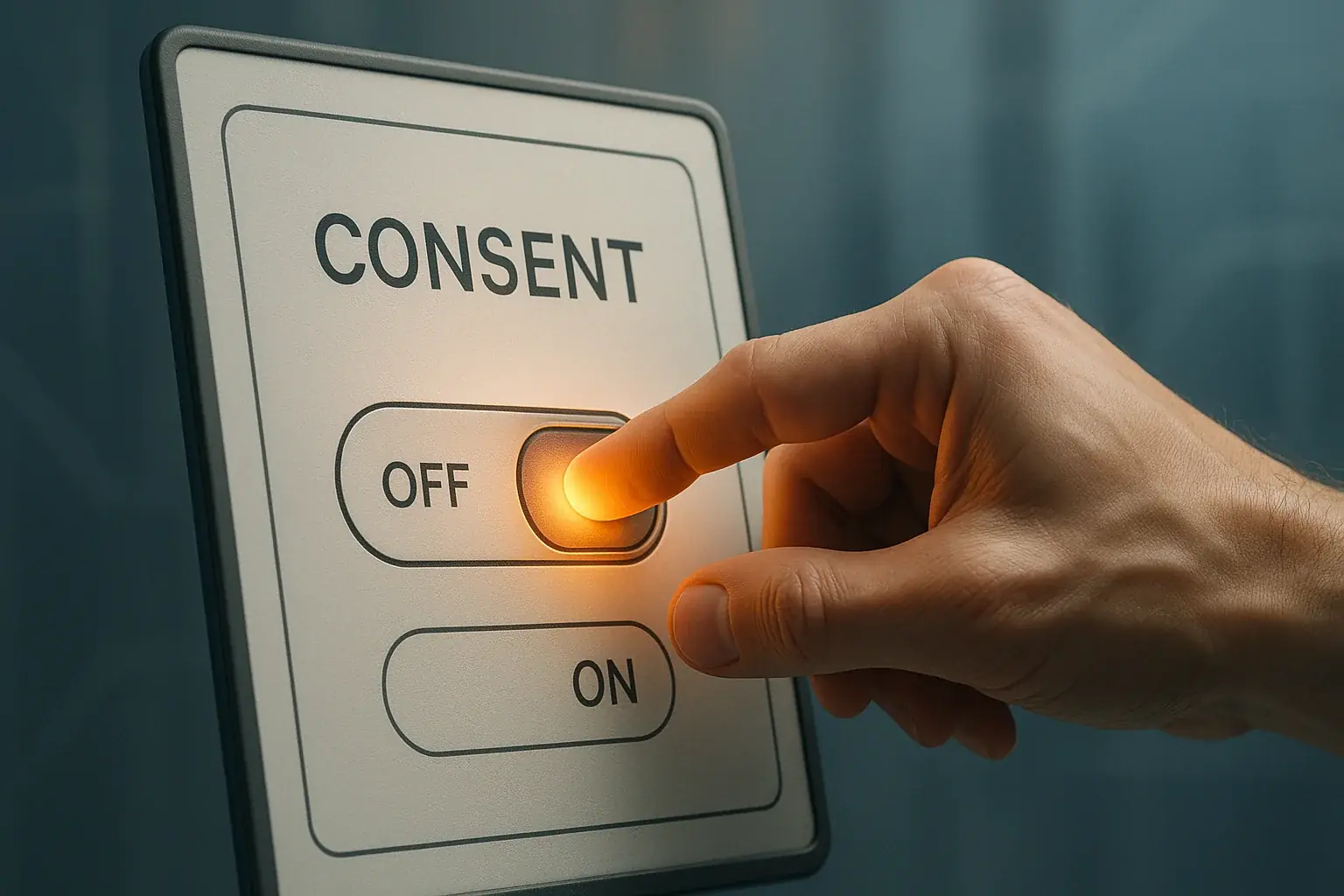 Hand presses prominent 'Consent' toggle to 'ON' on E-Ink display; light radiates, symbolizing user empowerment and control.
