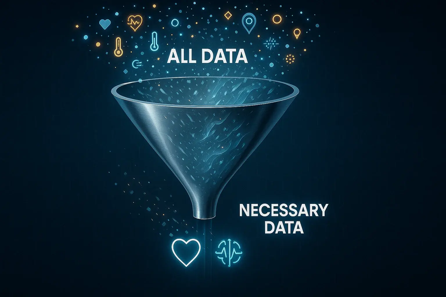 Funnel shows data minimization: biometric icons enter wide 'All Data' top, filtered to 'Necessary Data' exiting narrow