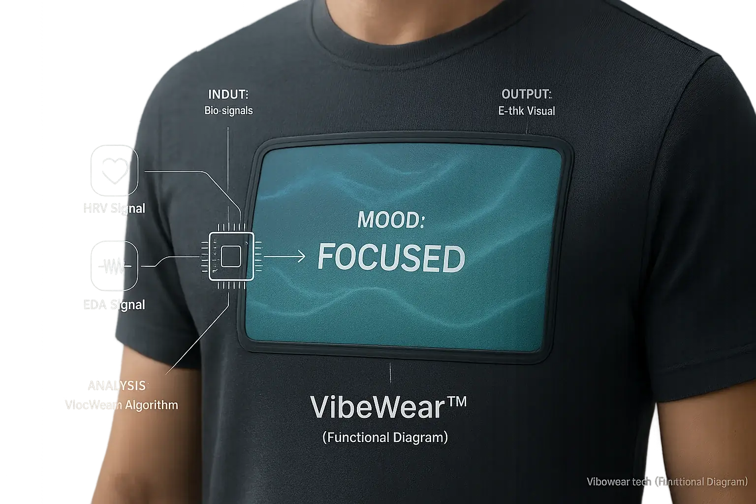 Conceptual E-Ink clothing: transparent overlay reveals how heart & brainwave inputs alter display color, demonstrating open