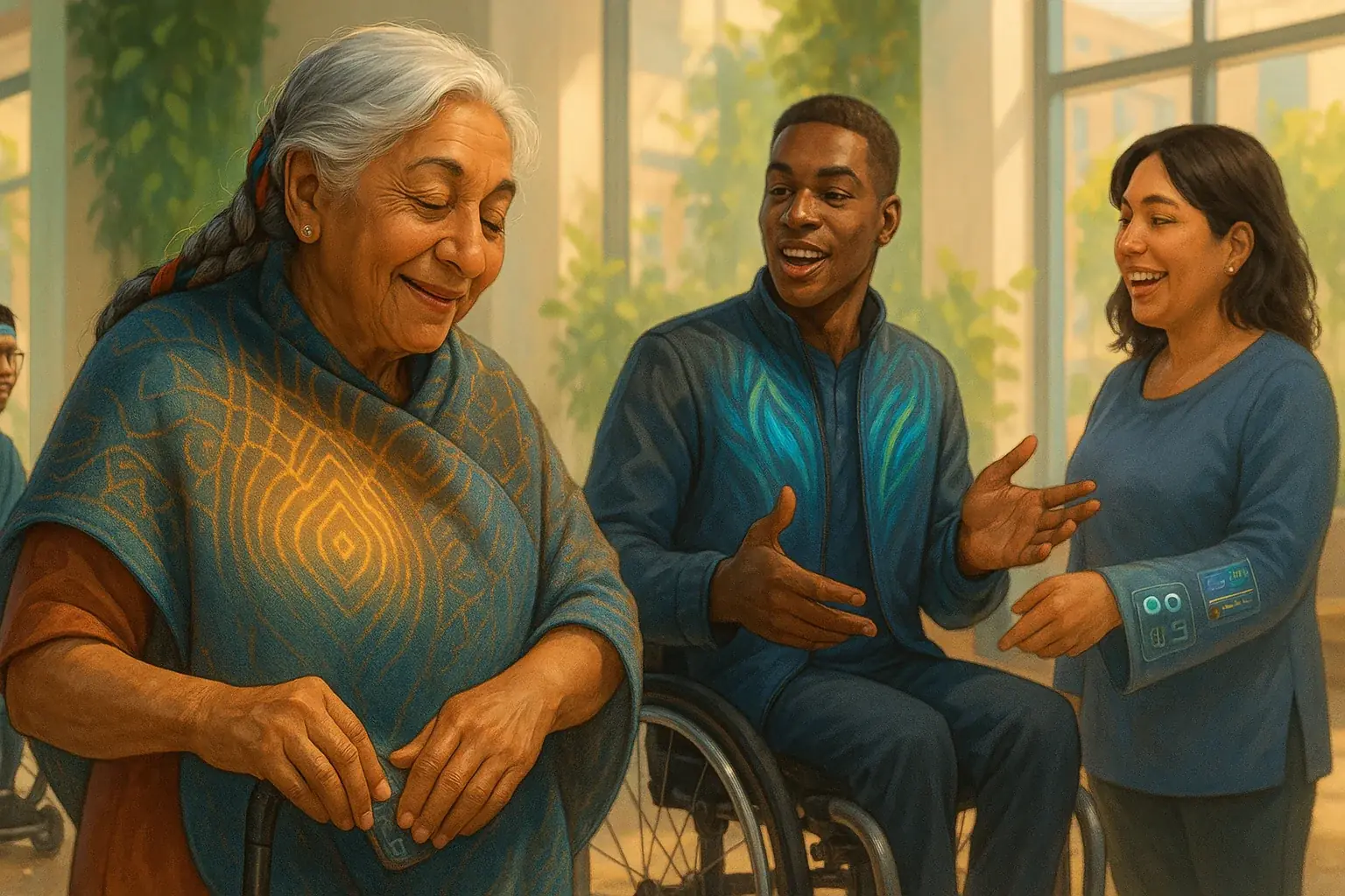 Stylized diverse people, including those with disabilities, joyfully use VibeWear, demonstrating accessible and inclusive