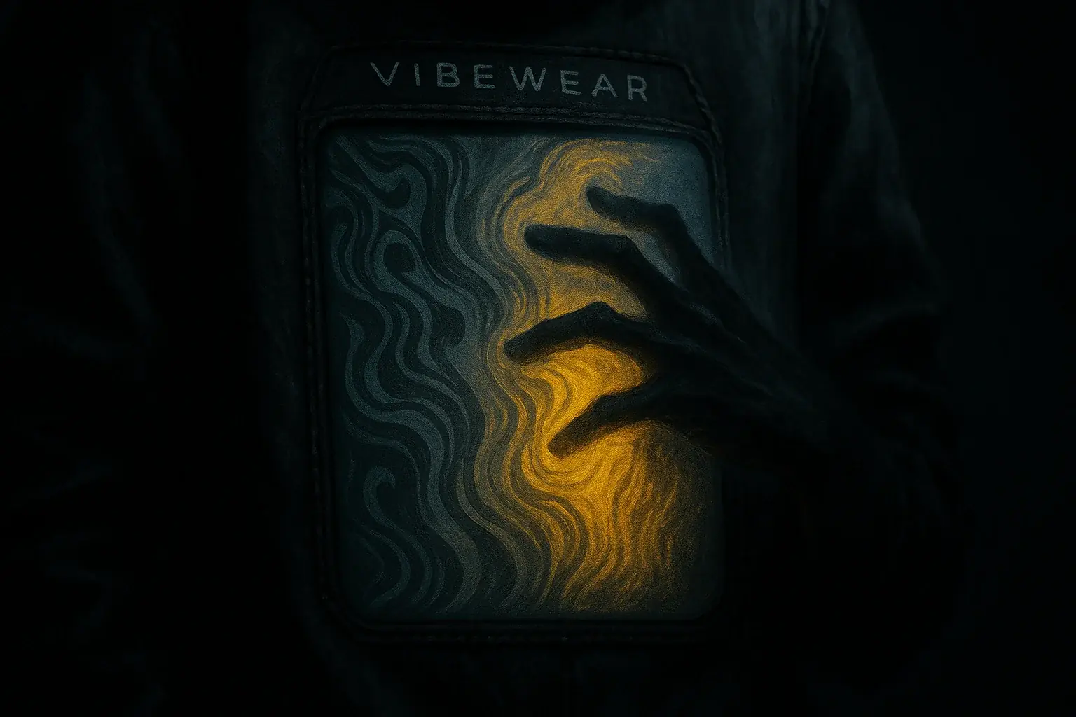 Shadowy hand subtly alters stylized E-Ink clothing pattern, symbolizing deceptive design and manipulation.