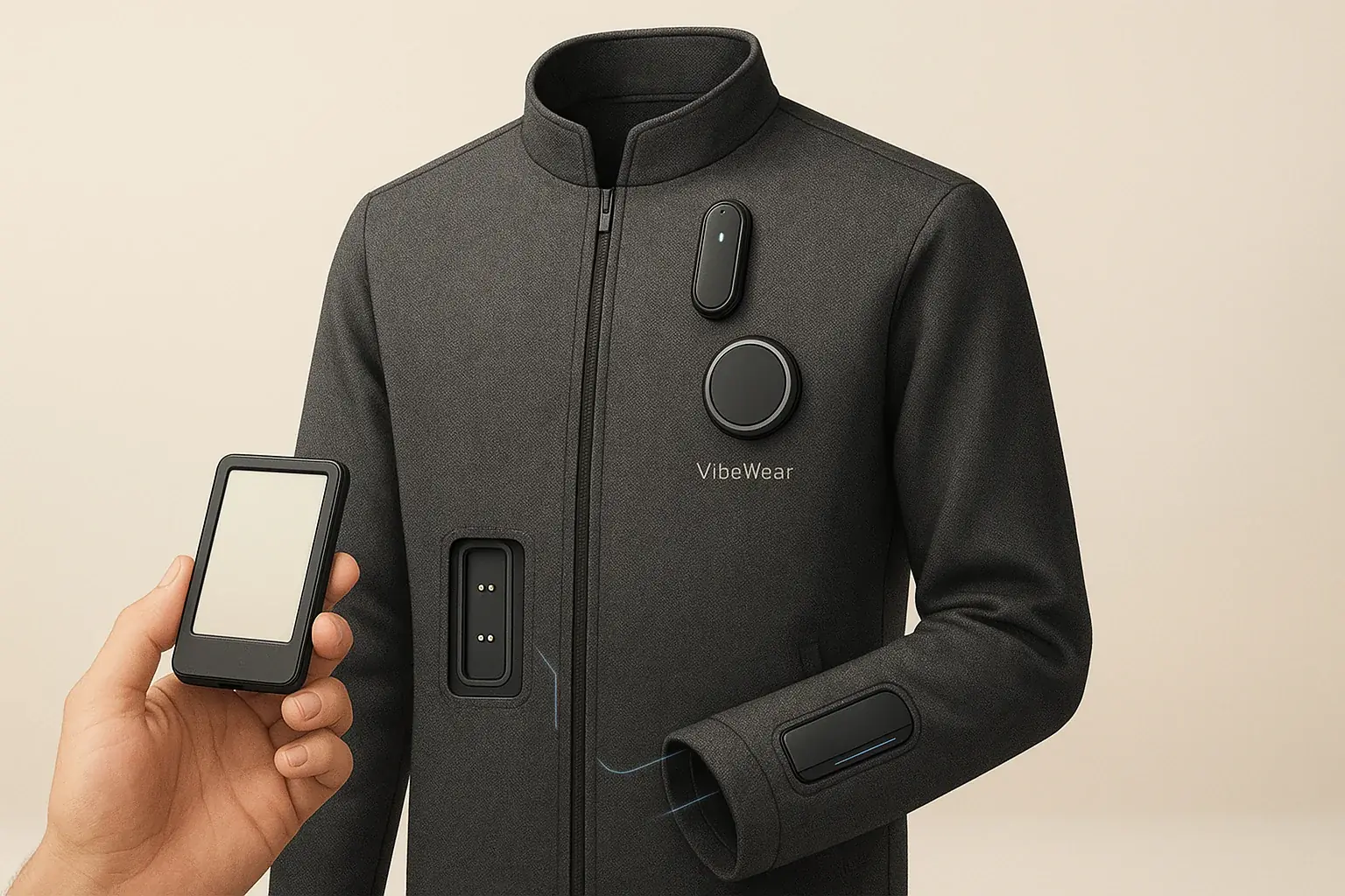 Stylized VibeWear garment: detachable E-Ink & sensor modules allow easy upgrades, ensuring practical, long-lasting design.