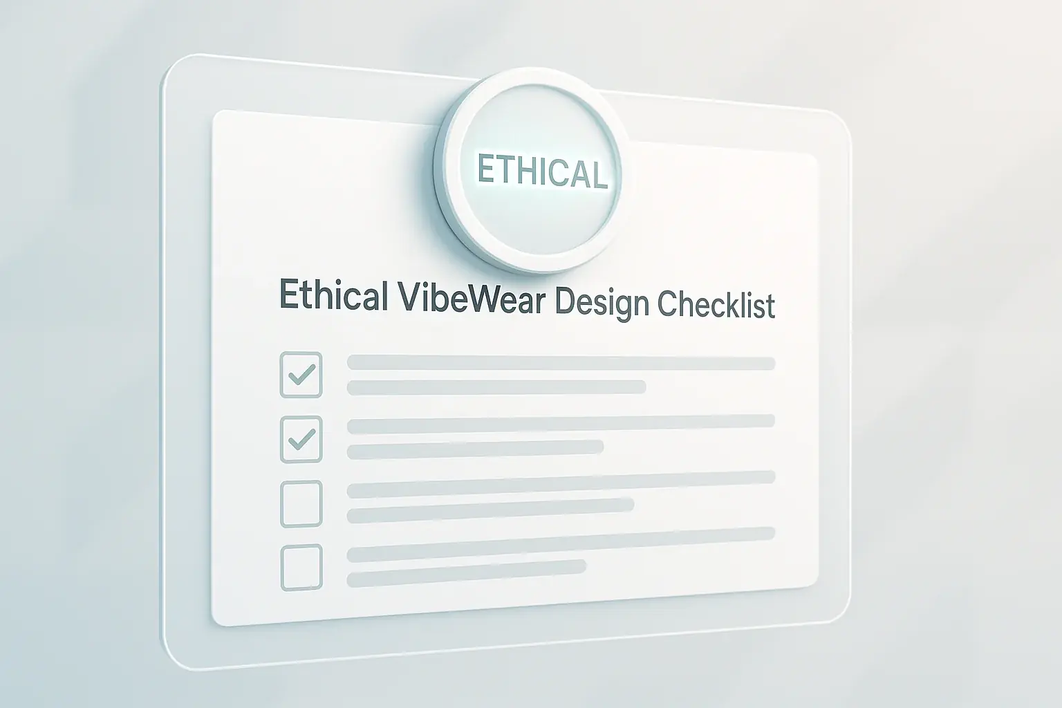 Stylized checklist, checked/unchecked boxes, glowing 'Ethical' badge on top, for VibeWear's responsible design