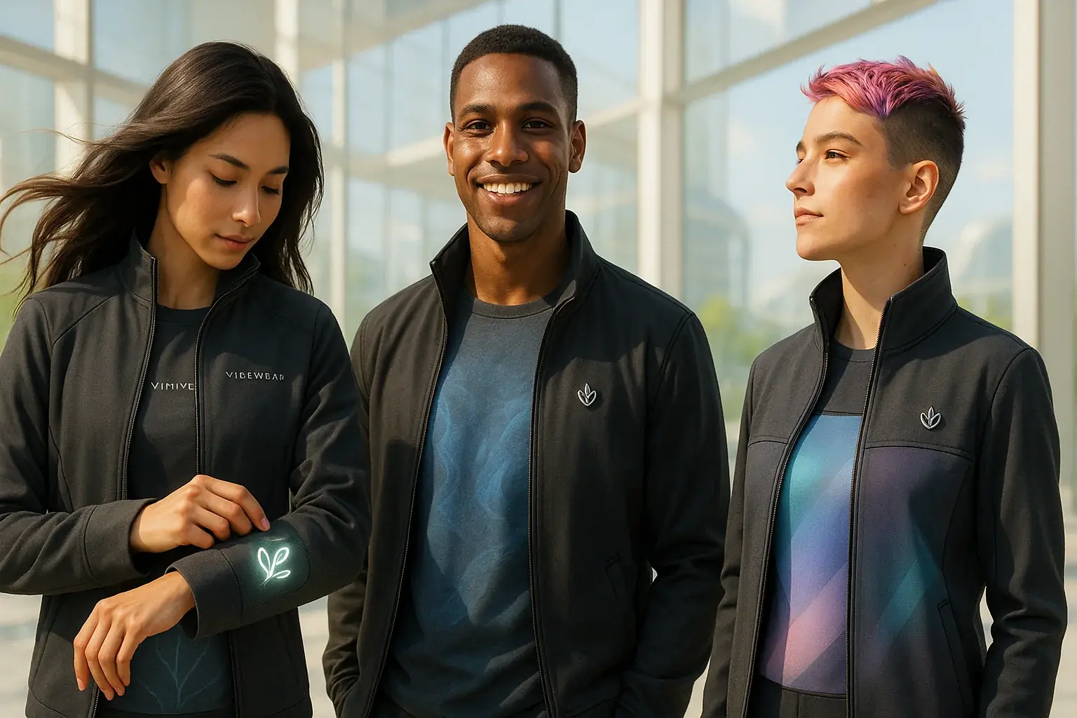 Futuristic VibeWear on diverse people subtly changing, glowing ethical symbol for responsible, visionary adaptive fashion.