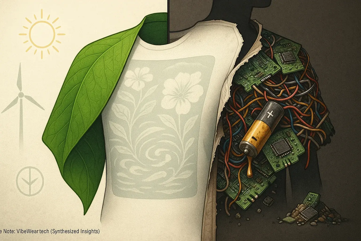 Visual metaphor: Eco-tech promise (leaves, clean energy) starkly contrasts e-waste reality (circuits, tangled wires).