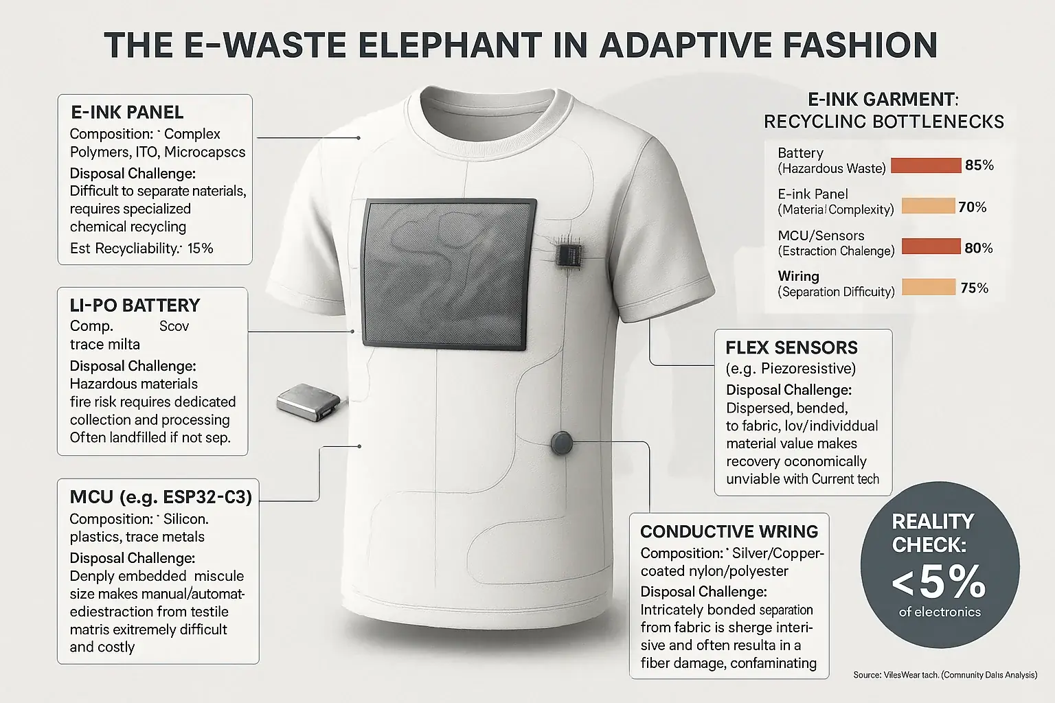 Infographic: Conceptual E-Ink garment e-waste components (panel, battery, MCU, sensors) & their disposal challenges.