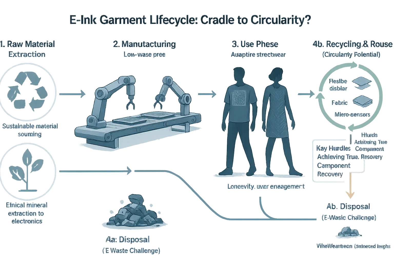 Infographic detailing E-Ink garment lifecycle: raw materials, manufacturing, use, to end-of-life (disposal/recycling/reuse).