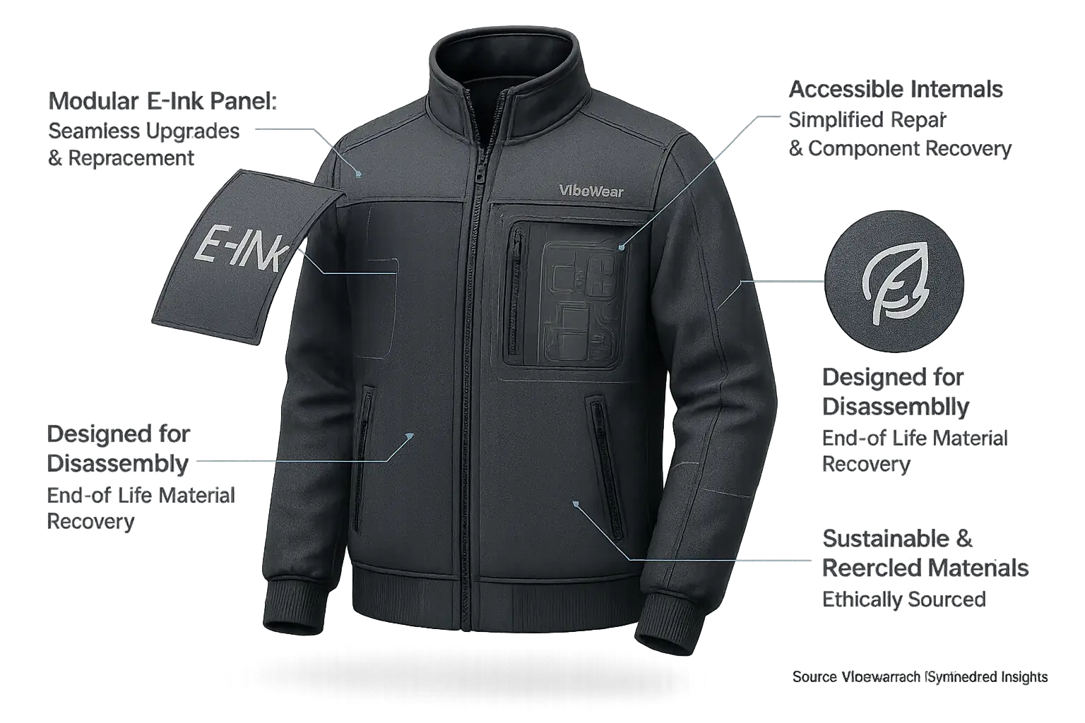 Infographic: Visualizing key E-Ink design principles: modularity, repairability, recycled materials, easy disassembly.