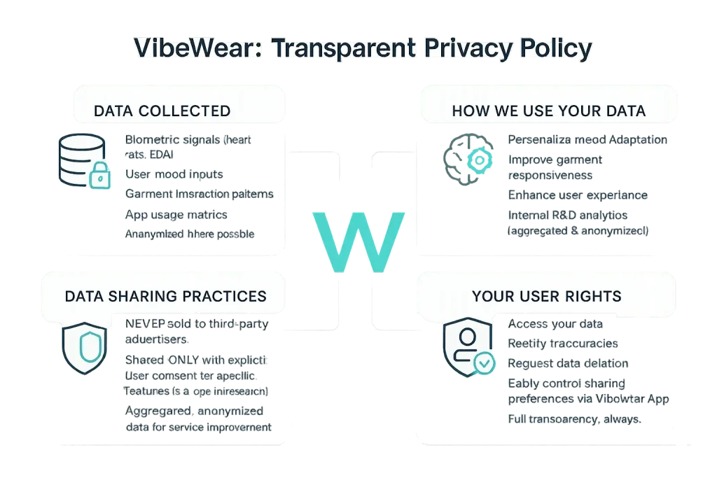 Infographic detailing VibeWear's transparent privacy policy: data collected, how used, sharing, and user rights.