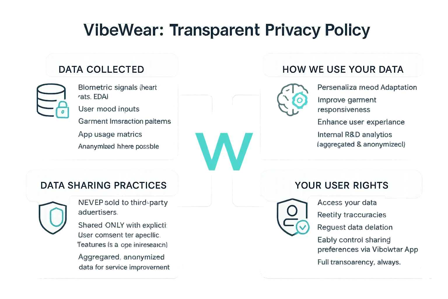 Infographic detailing VibeWear's transparent privacy policy: data collected, how used, sharing, and user rights.