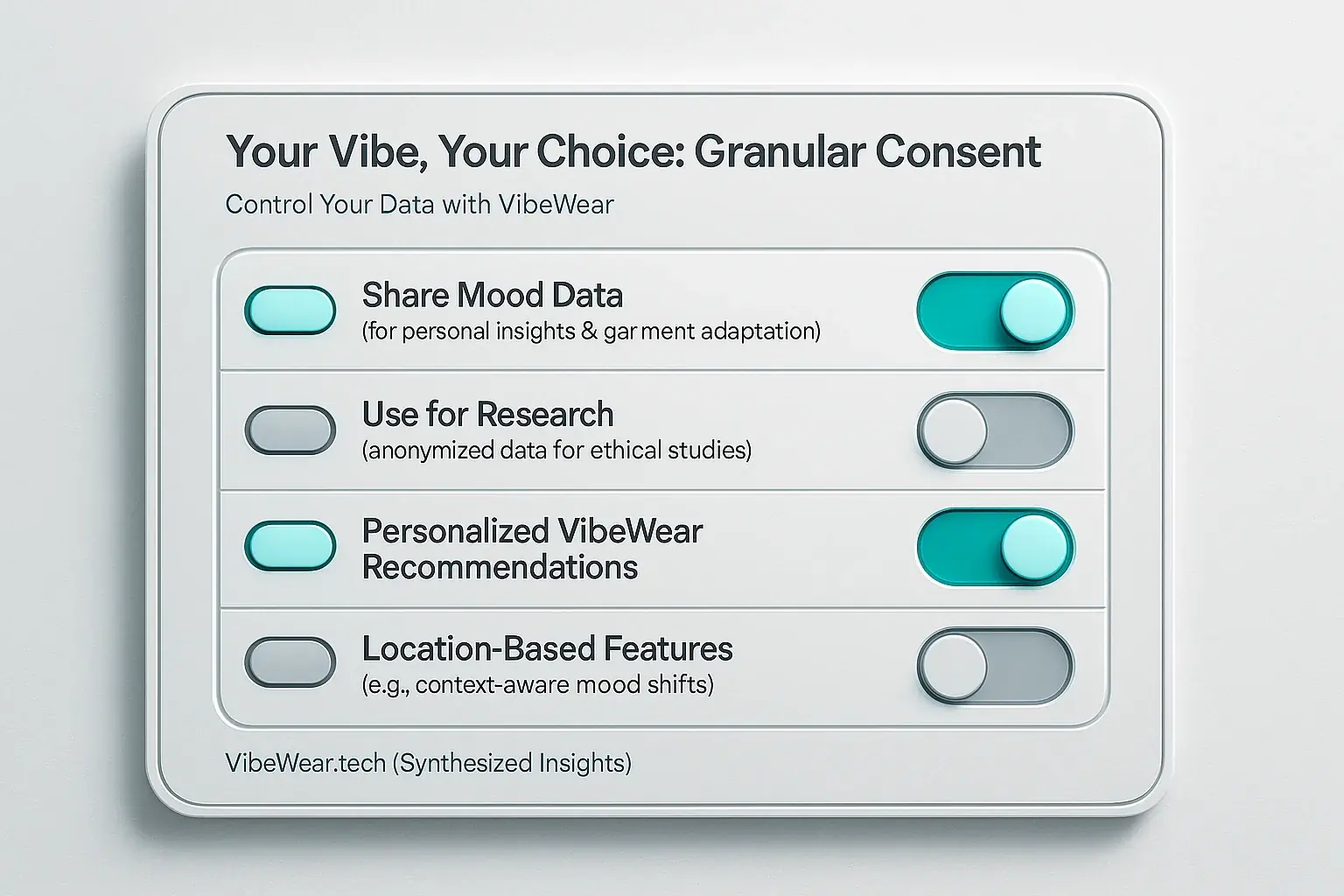 Infographic: VibeWear's data consent toggles for mood, research, ads, and location, demonstrating user choice.
