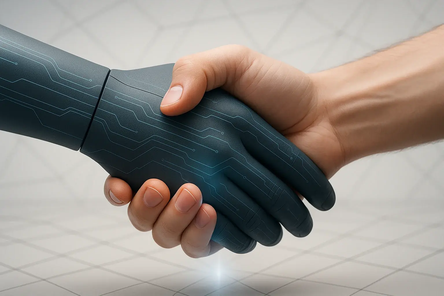 VibeWear's tech-integrated hand shakes a user's trusting hand, symbolizing trust built on transparency and consent.