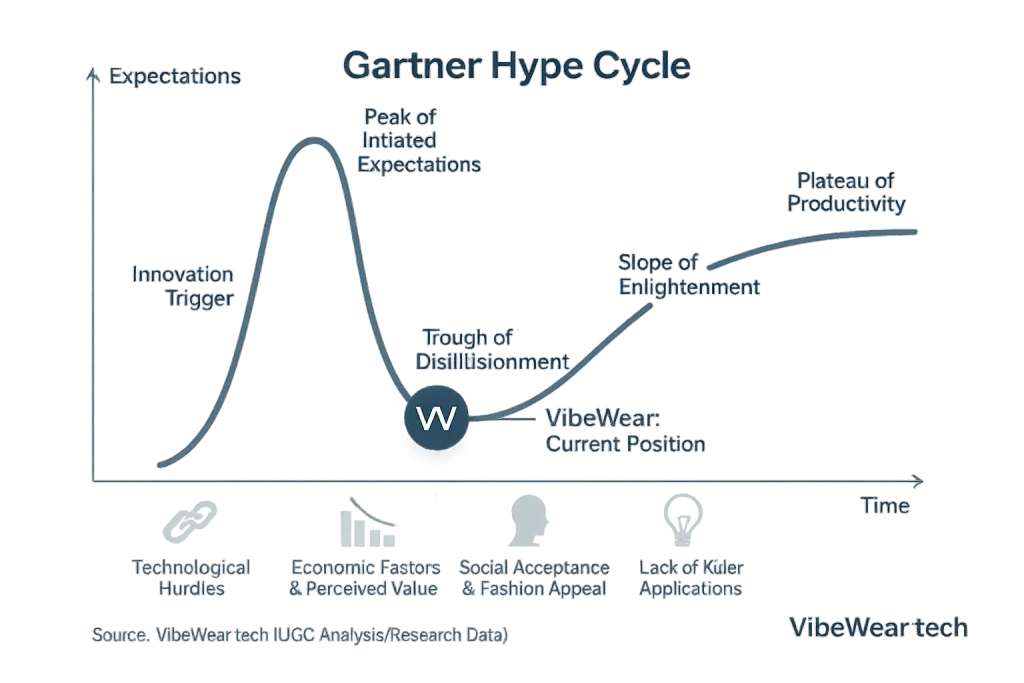 Hype Cycle chart: VibeWear's position on the curve reveals challenges to its mainstream adoption.
