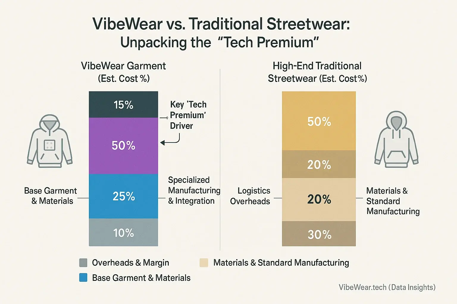 Bar chart: VibeWear&#x27;s cost has a large &#x27;tech premium&#x27; segment; traditional streetwear does not, explaining VibeWear&#x27;s higher