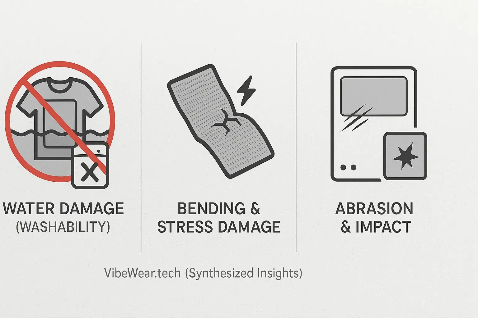 Infographic: Icons for bending, water, and abrasion illustrate common E-Ink apparel durability concerns for VibeWear.