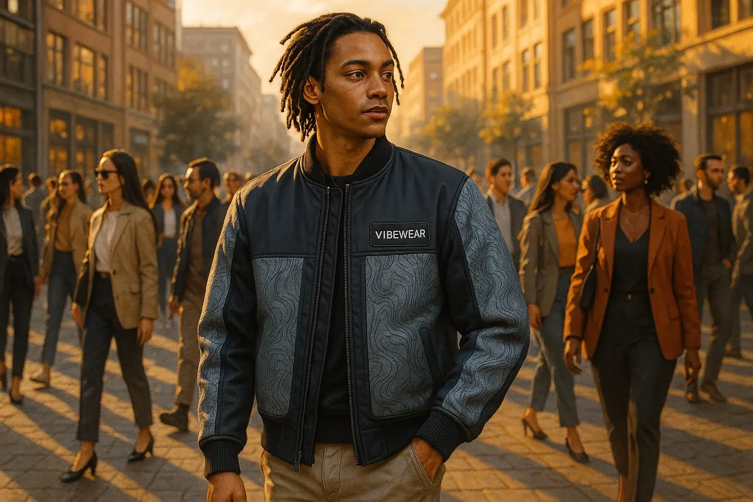 Stylish person, VibeWear garment subtly part of streetwear, effortlessly blending in a diverse crowd, showing social