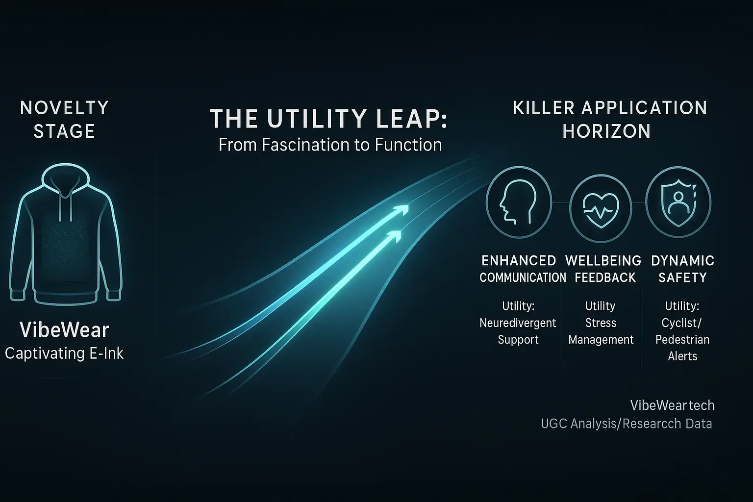 Diagram: VibeWear&#x27;s evolution from novelty to killer app, exploring paths like enhanced communication &amp; wellbeing feedback.
